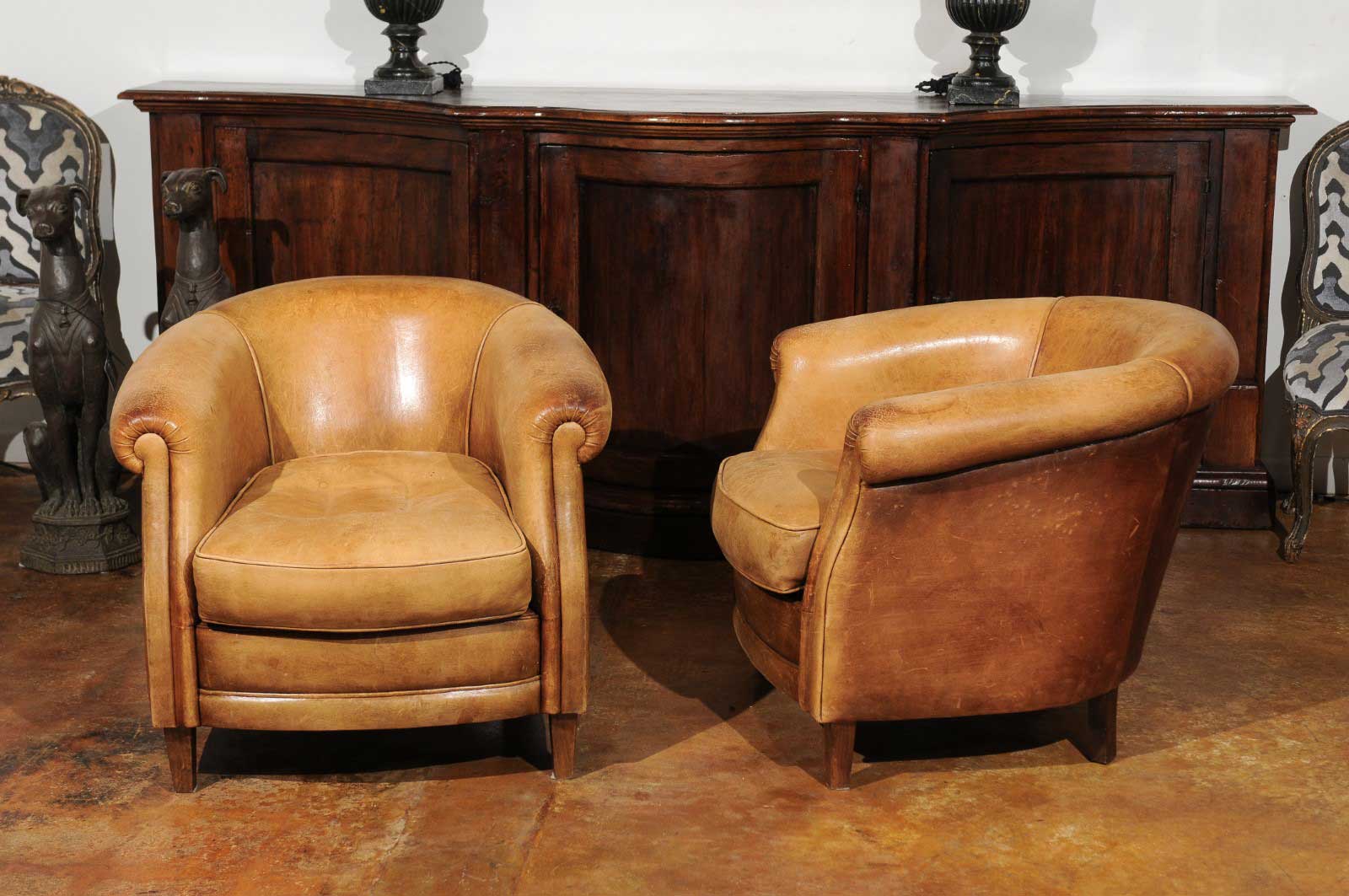 Pair of English Early 20th Century Caramel Leather Club