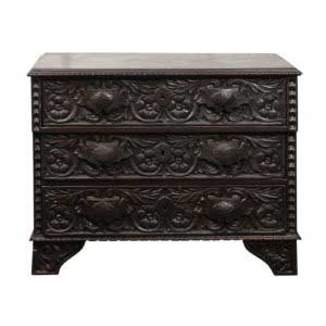 Italian 1860s Three-Drawer Commode with Hand-Carved Scrollwork and Dark Patina