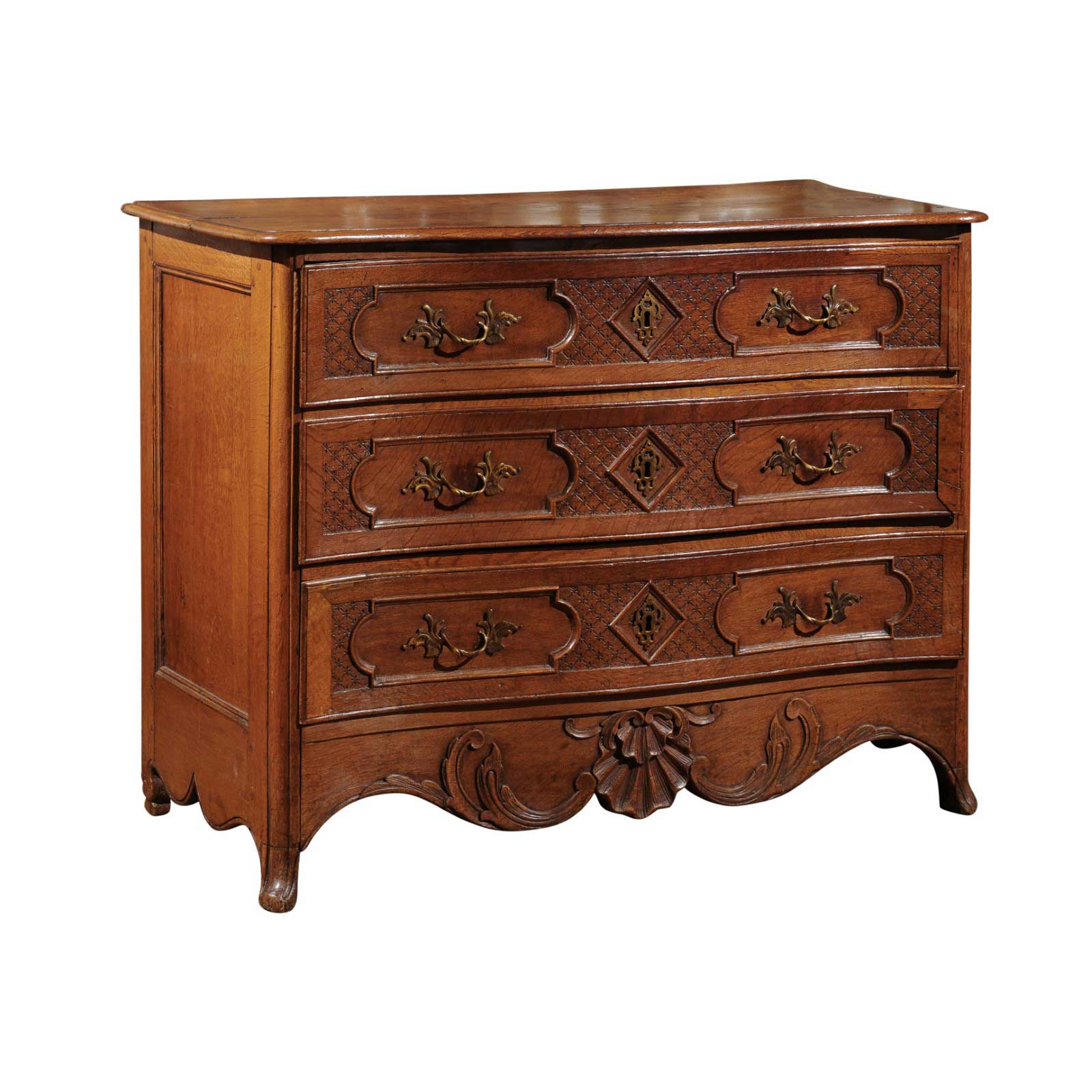 French 1800s Louis XV Style Oak Three-Drawer Commode with Grooved Accents