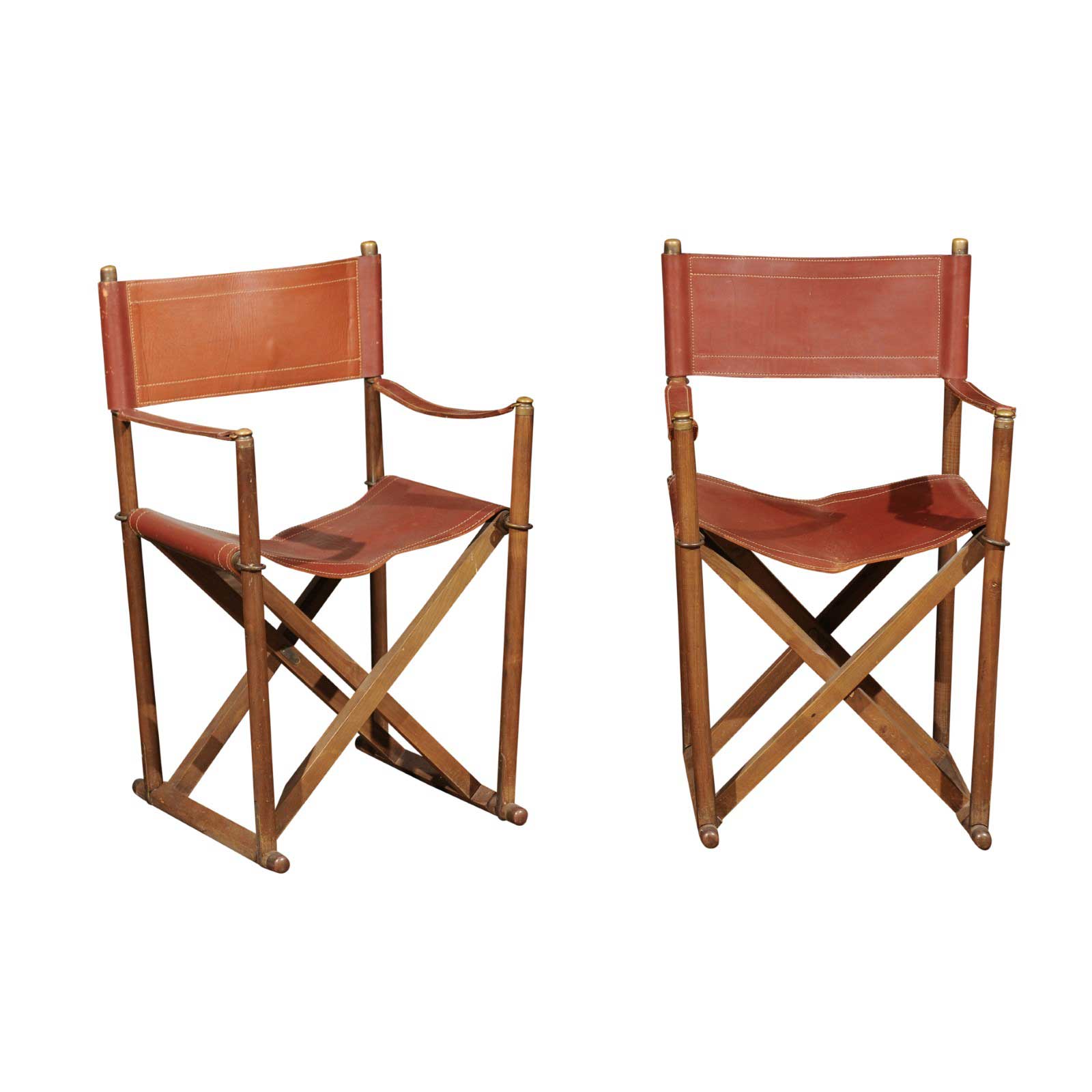 Pair 1930's Folding Campaign Style Leather Safari Chairs