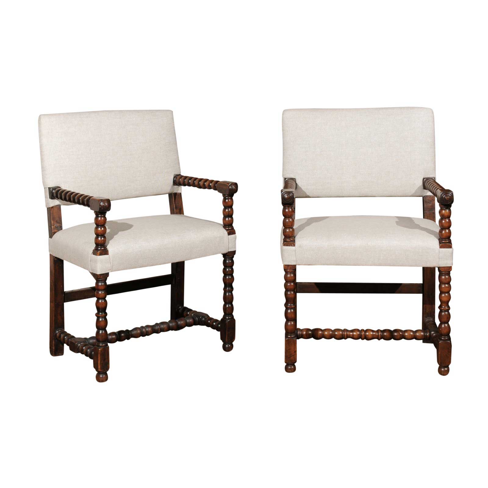 Pair Of Italian Baroque Style Oak Armchairs With Bobbin Legs And New