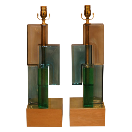 Pair of Murano Tri-Color Stacked Glass Lamps in Fume - Green, Aqua
